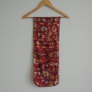 Red floral silk scarf narrow lightweight tan cream pattern
